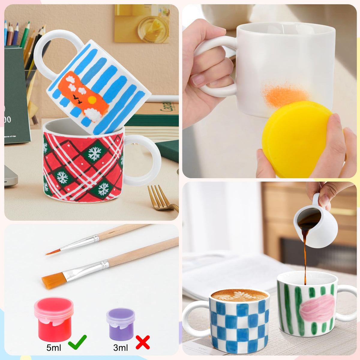 DIY Ceramic Painting Set 2 Mugs 12 Colours 4 Brushes 2 Palettes – 2 Mugs