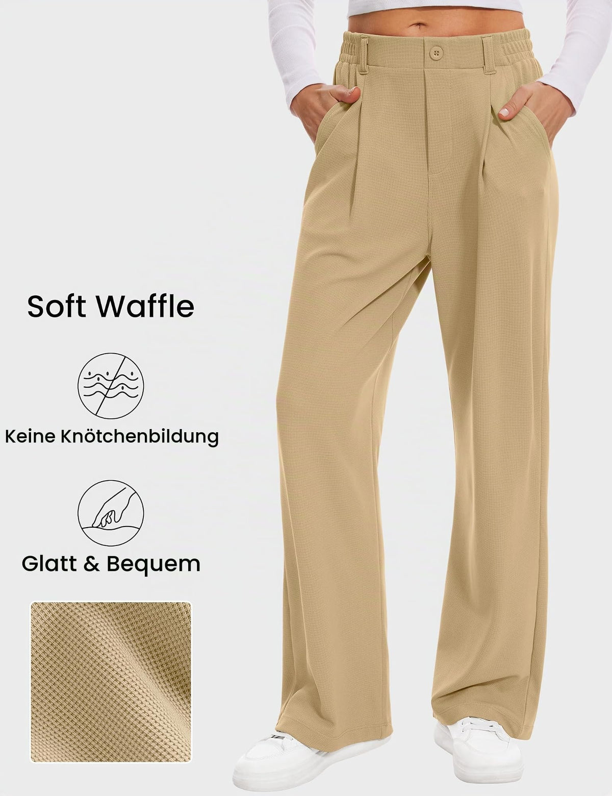 Women's palazzo trousers waffle fabric wide-leg high waist with pockets – Light Khaki XL