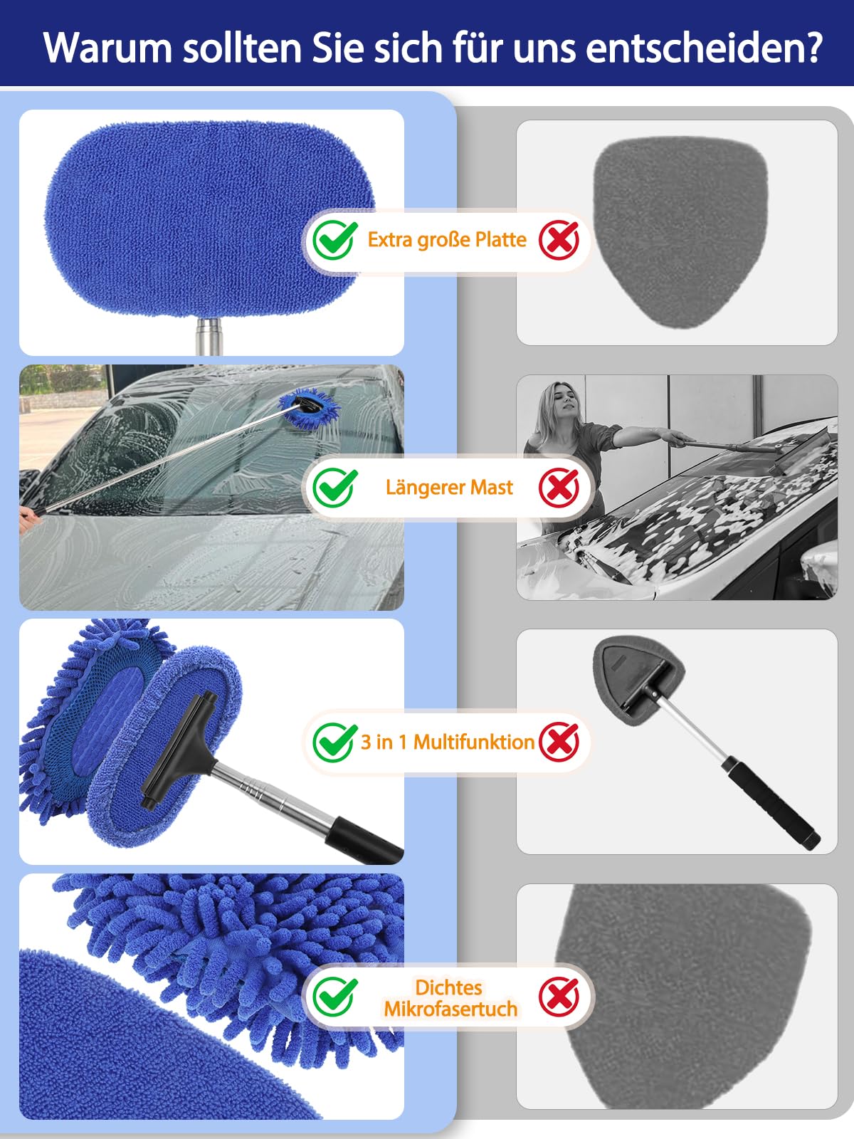 3-in-1 Car Window Cleaner Squeegee Brush Extendable Handle with Microfibre Pad – One Size
