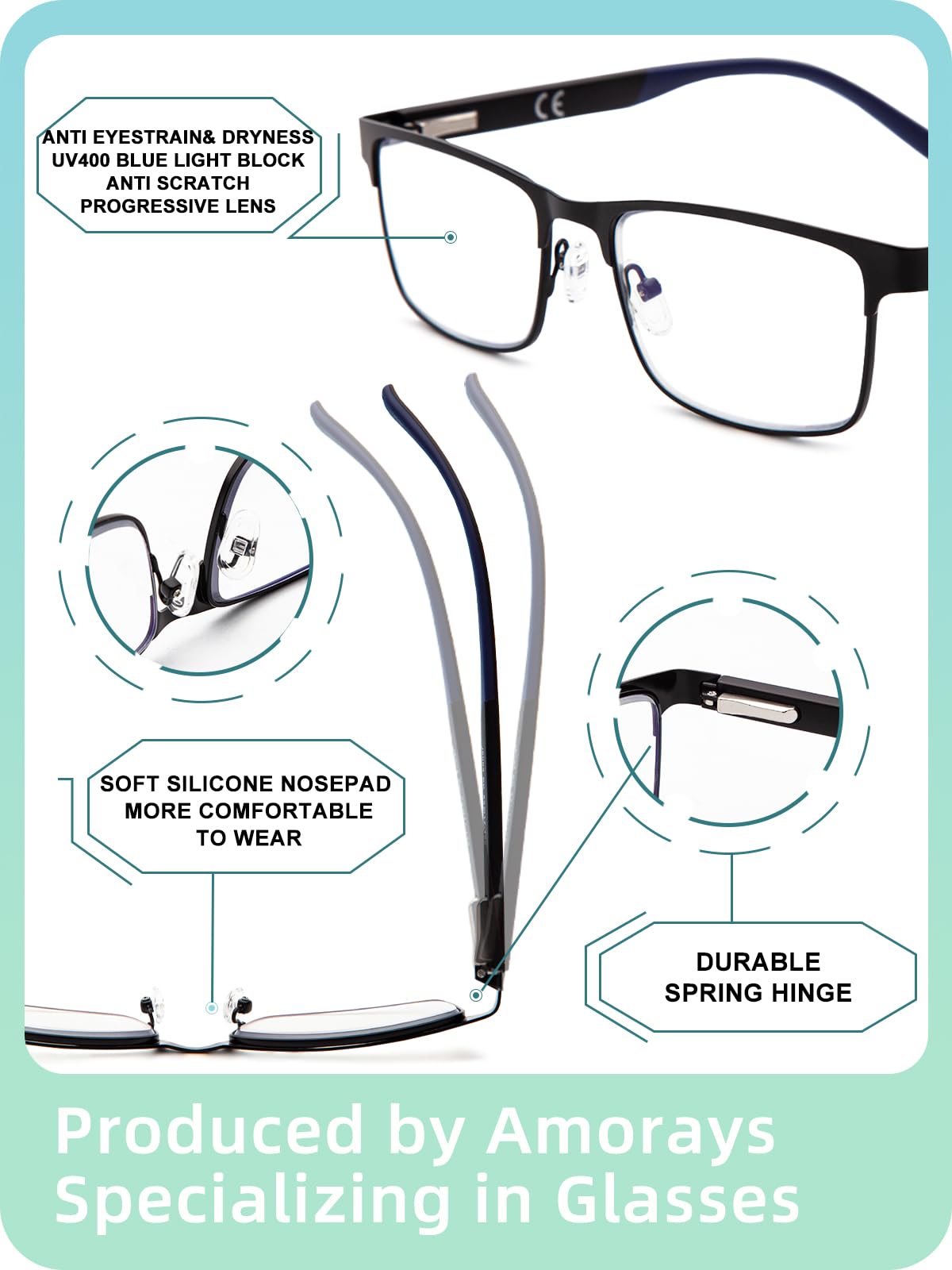 Amoray's 2 Pack Progressive Multifocus Reading Glasses Men Metal Anti-Blue Light Reading Glasses with Spring Hinges 8003 (Black & Gray, +2.50)