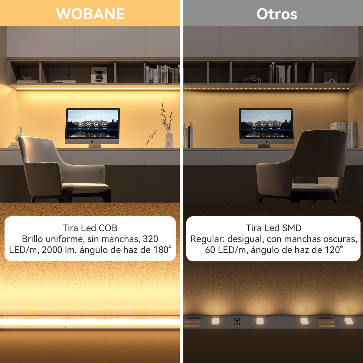 WOBANE 5m 24V COB LED Strip Dimmable with Remote Control CRI 90+ 320 LEDs/M Continuous LED Strip with Plug for Kitchen, Bedroom, Closet, Mirror, TV, Warm White 3000K