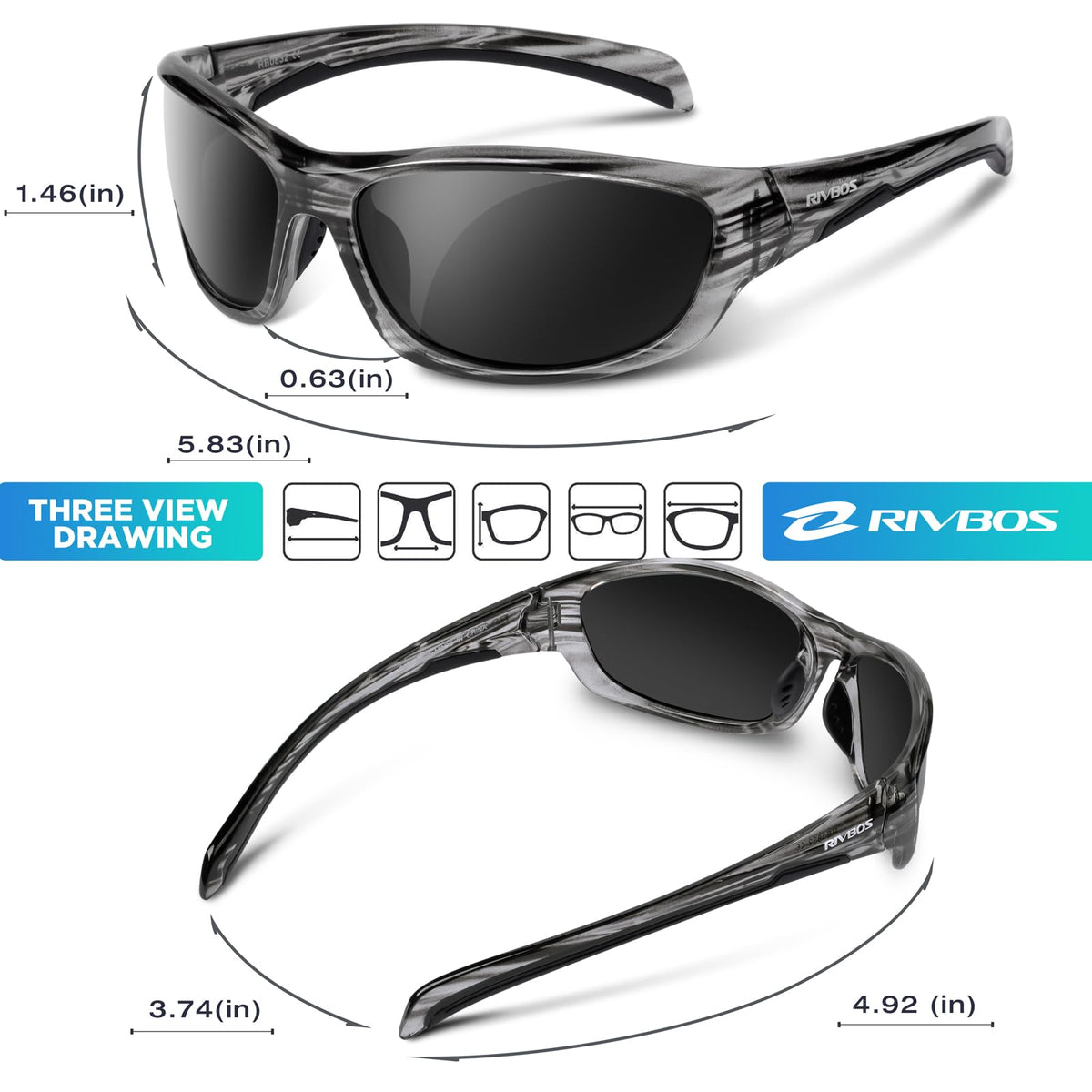 Ochelari de soare sport polarizați RIVBOS ramă flexibilă TR90 protecție UV400