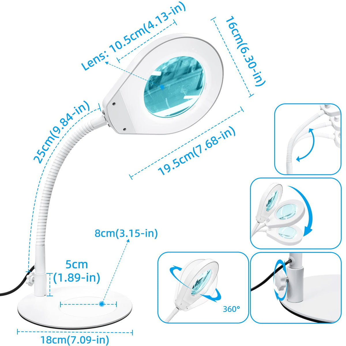 Beyamz LED Magnifying Glass Lamp with Desk Stand, Illuminated 105mm 5X Magnifying Glass, with Gooseneck, 5-Color 10-Lever Dimmable Ring Lights, for Crafts, Hobbies and Desk Lighting