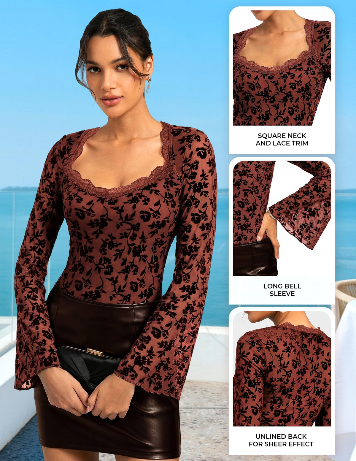 Women's Long Sleeve Mesh Blouse Sheer Round Neck Printed – Brown S