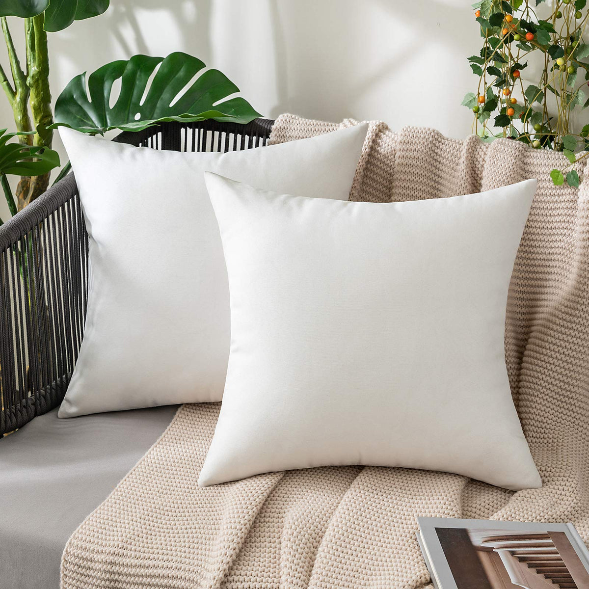 Fețe de pernă impermeabile pentru exterior și grădină aspect in MIULEE 45x45 cm, set 2 bucăți – Alb