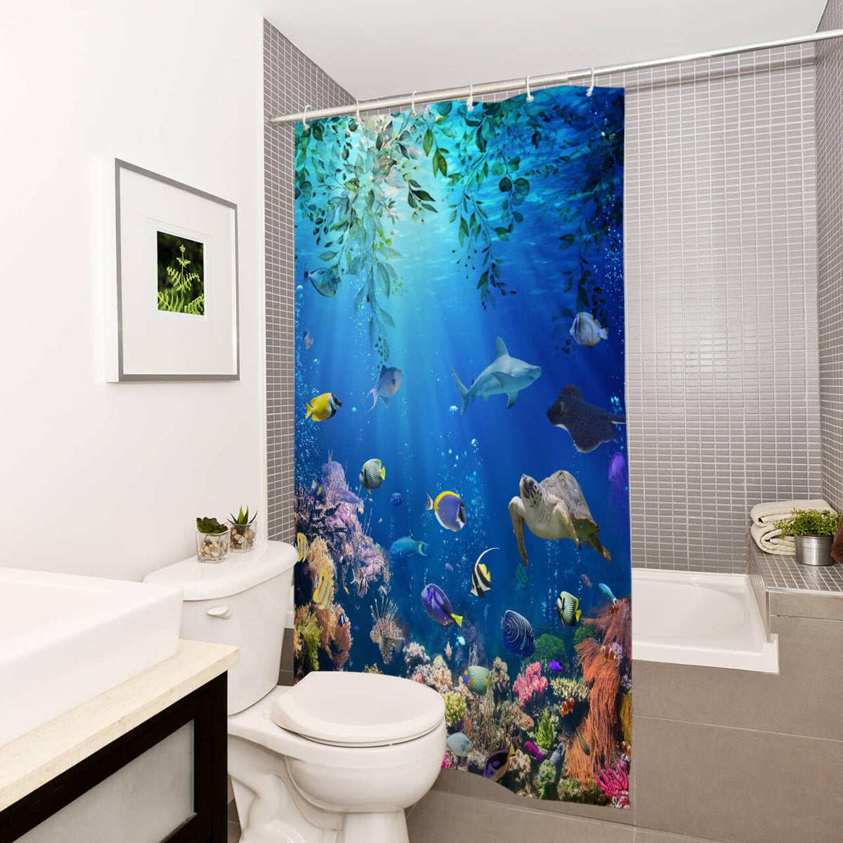 Shower Curtain 120x180cm Anti-Mould Waterproof Fabric Drops Ocean Fish – Light Blue