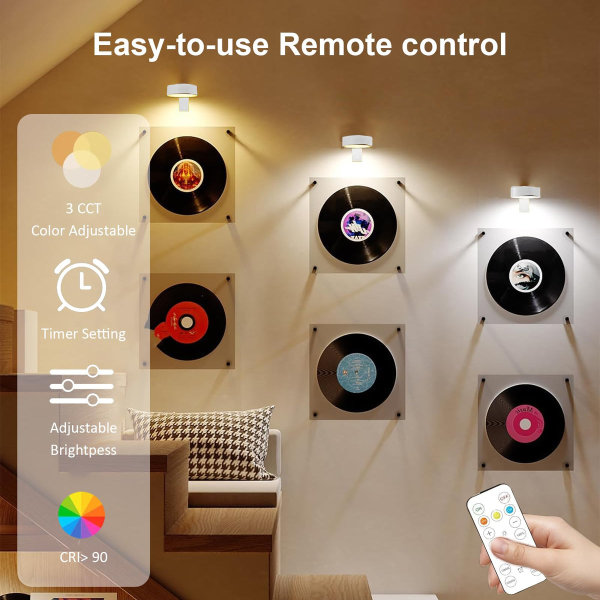 Lămpi spot LED magnetice reîncărcabile cu telecomandă și timer pentru tablouri, set 2 bucăți – Alb