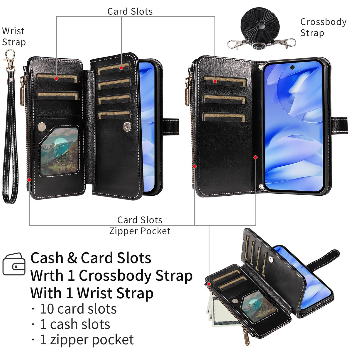 Husă tip portofel din piele cu suport carduri și folie pentru Google Pixel 9a – Negru