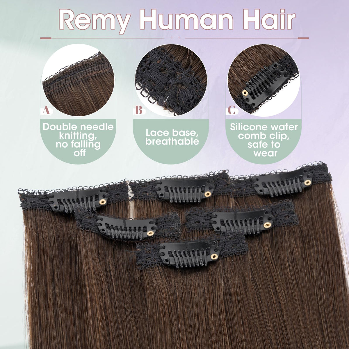 Clip-in Human Hair Extensions 6 pcs 30 cm 33 g Silk Lace Base Highlights – Dark Brown #2R