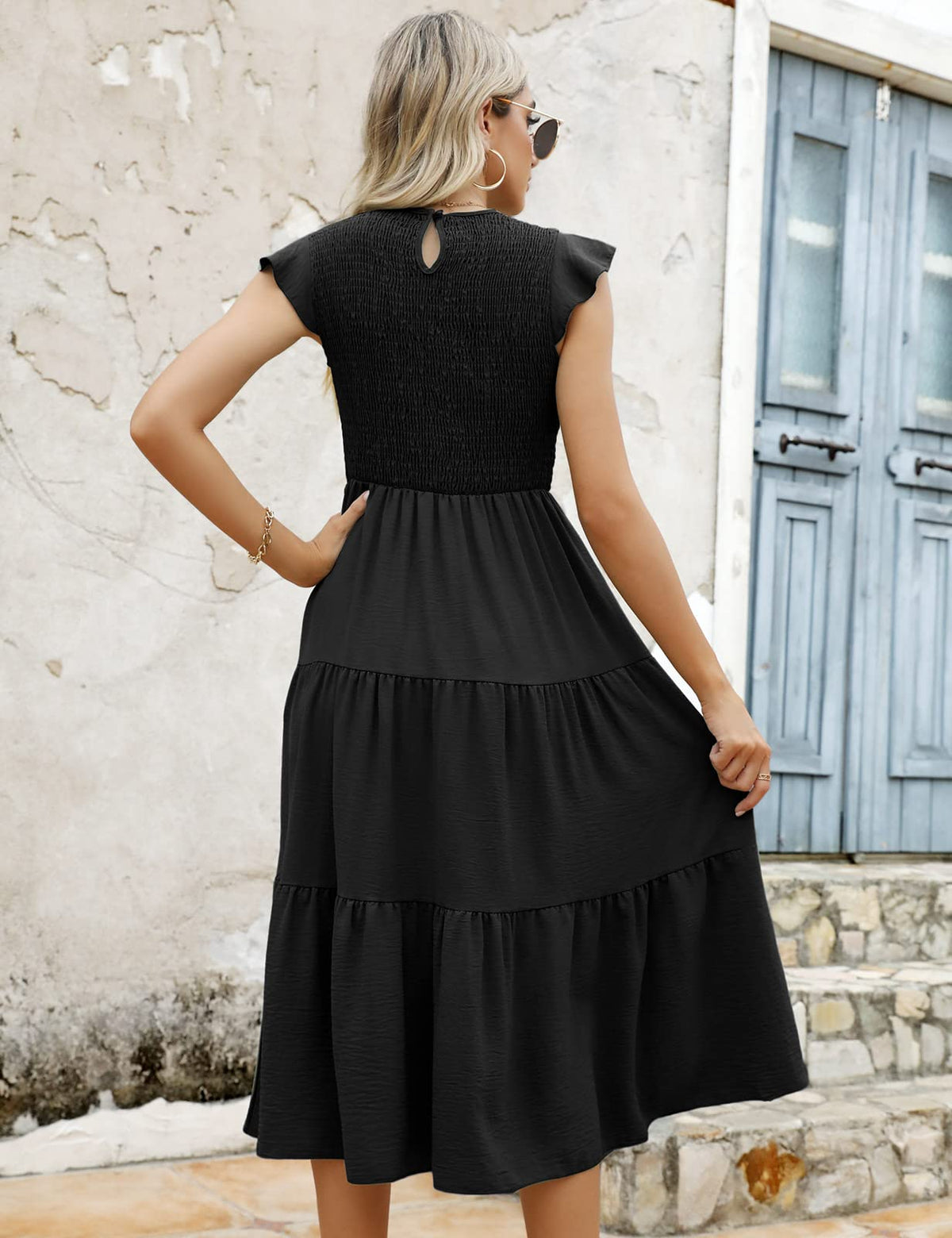 Yuson Girl Dress Women's Summer Dress Long Casual Round Neck Flutter Sleeve Maxi Dresses Summer Knee-Length Beach Dress Elastic Waist Long Dresses Tiered Ruffle A Line Dress (Black, XL)