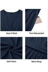 STYLEWORD Women's Summer Dress Short Sleeve V-Neck Dresses Solid Color Dress Beach Dress With Pockets (Navy, Small)