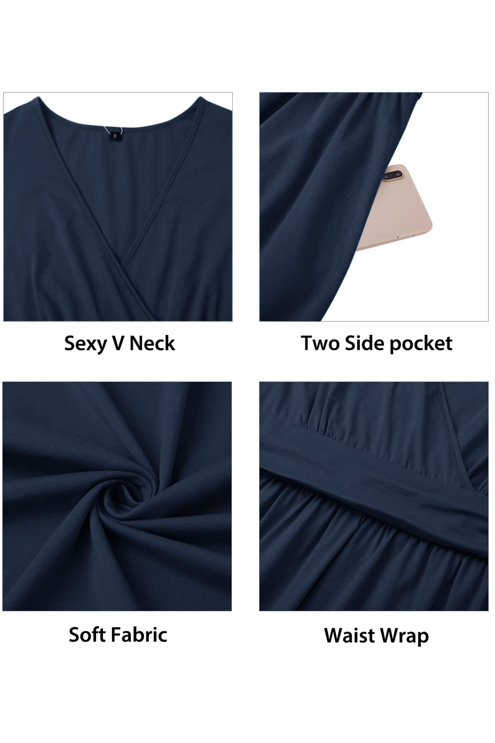 STYLEWORD Women's Summer Dress Short Sleeve V-Neck Dresses Solid Color Dress Beach Dress With Pockets (Navy, Small)
