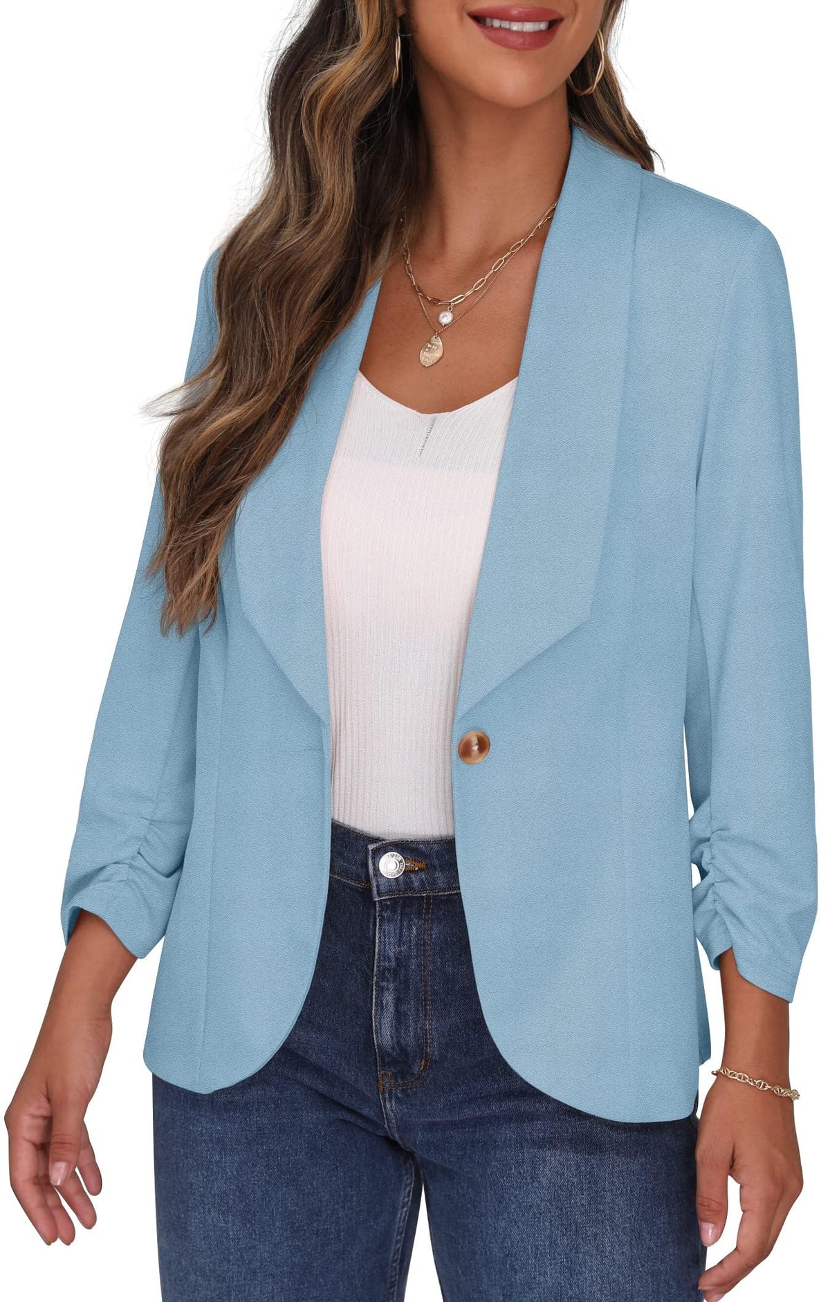 Sacou elegant damă cu mâneci încrețite 3/4 PrinStory – Gri-Albăstrui EU 40-42