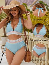 Women's High-Waist Halter Bikini Set Tummy Control Drawstring 2-Piece – Blue S