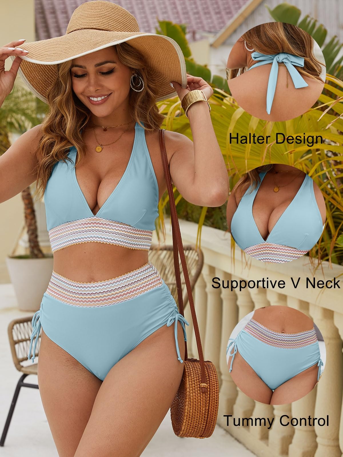 Women's High-Waist Halter Bikini Set Tummy Control Drawstring 2-Piece – Blue S