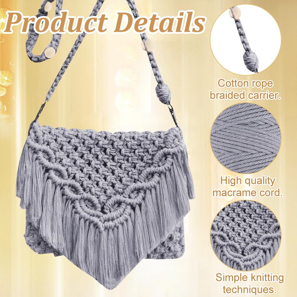 Kit complet DIY pentru confecționare geantă din macrame cu instrucțiuni – Gri-Albăstrui