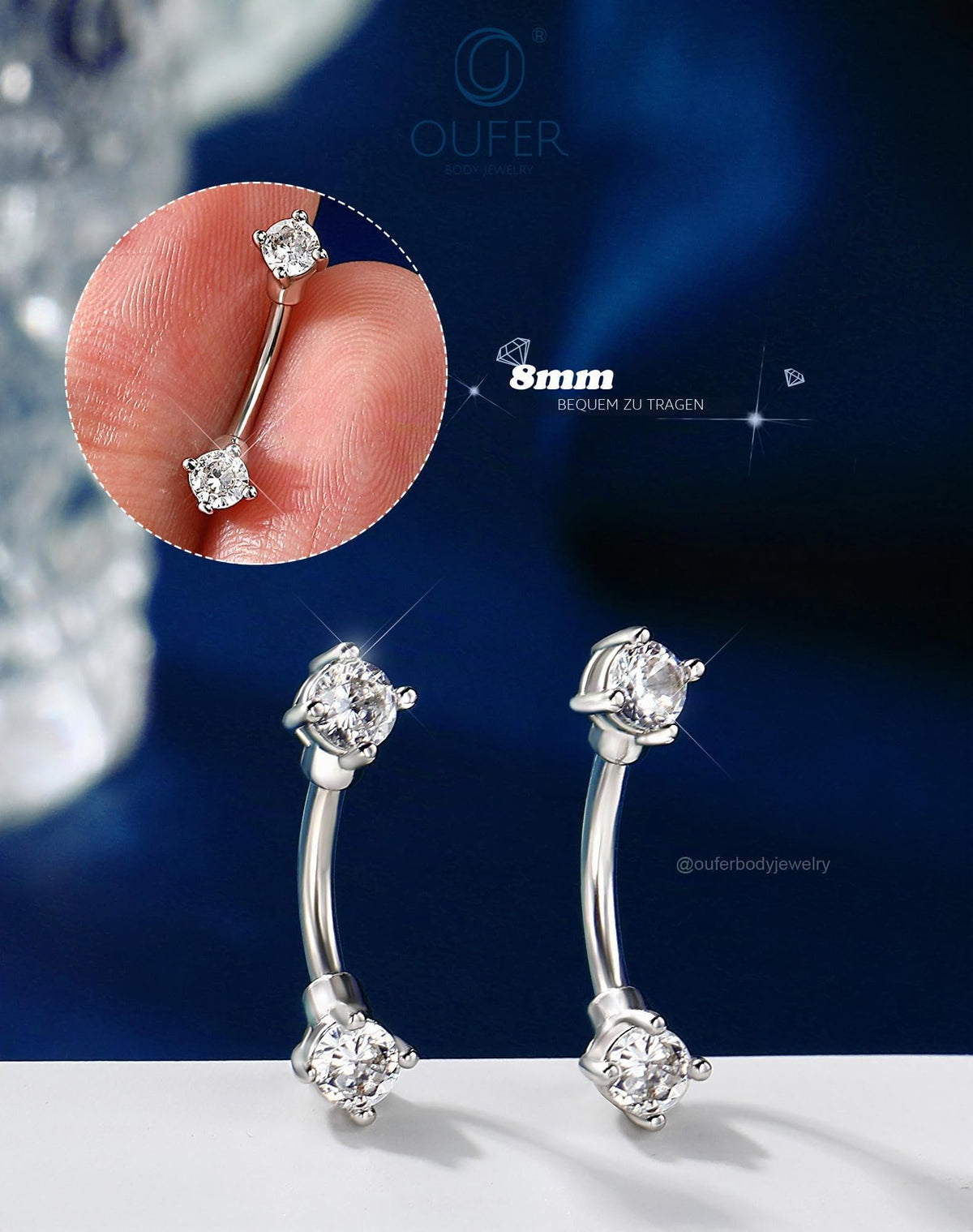 Piercing curbat pentru sprânceană din oțel chirurgical 316L cu zirconiu – Argintiu 16G 6mm