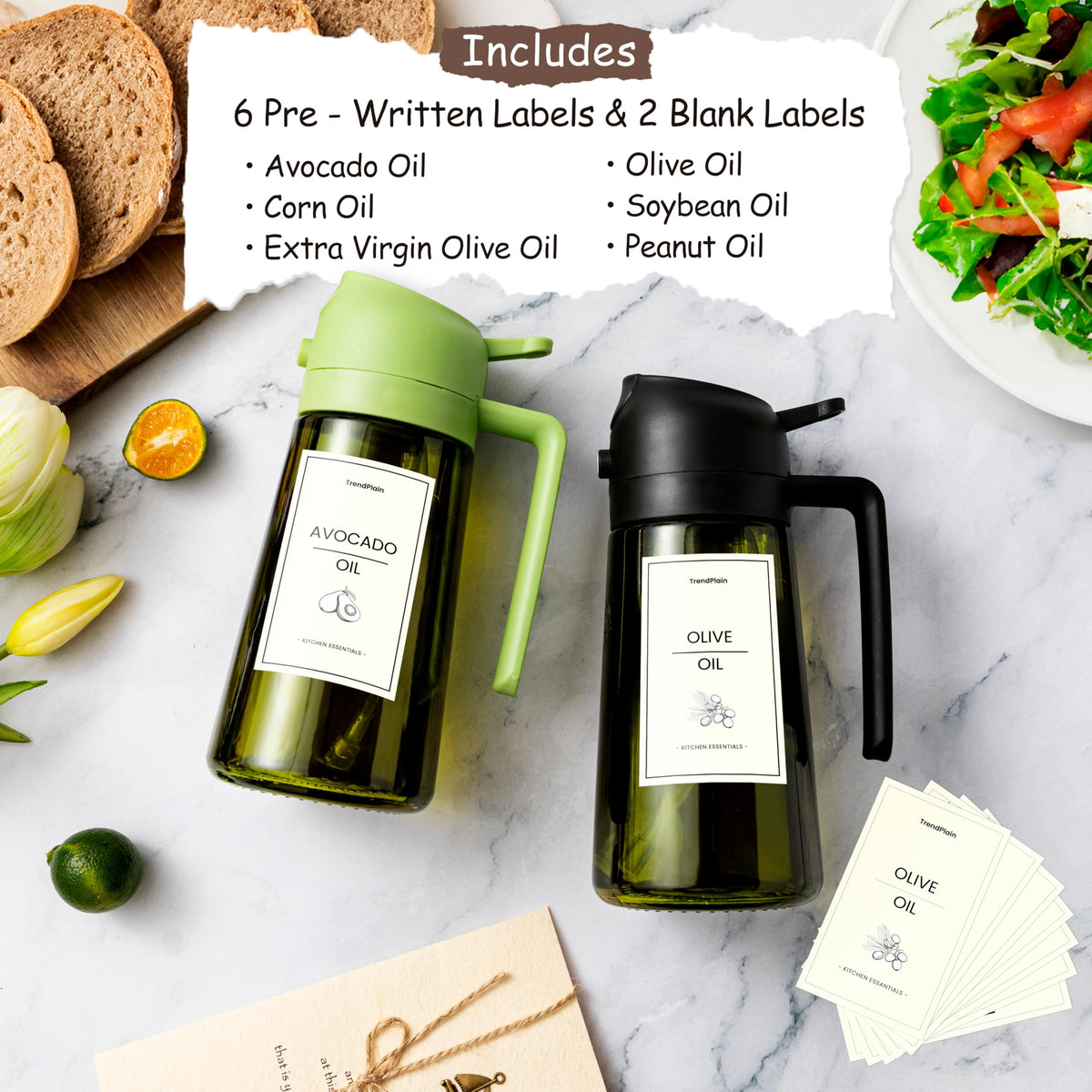 TrendPlain - 470ml Oil Spray Bottle - 2-in-1 Oil Dispenser and Oil Sprayer - Oil Spray with Labels - Kitchen Gadgets for Cooking, Salad, and Grilling - with Light-Proof Design - Black & Ash Gray