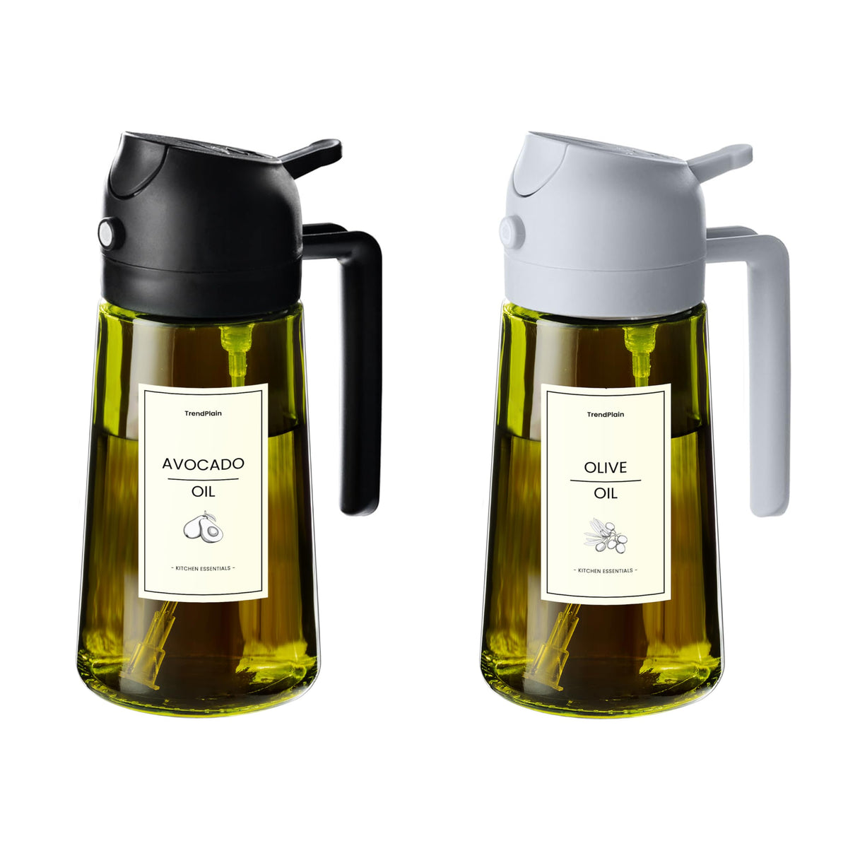 TrendPlain - 470ml Oil Spray Bottle - 2-in-1 Oil Dispenser and Oil Sprayer - Oil Spray with Labels - Kitchen Gadgets for Cooking, Salad, and Grilling - with Light-Proof Design - Black & Ash Gray