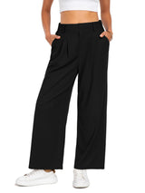 Women's Wide-Leg High-Waist Pleated Trousers Lightweight Summer - Black M Petite