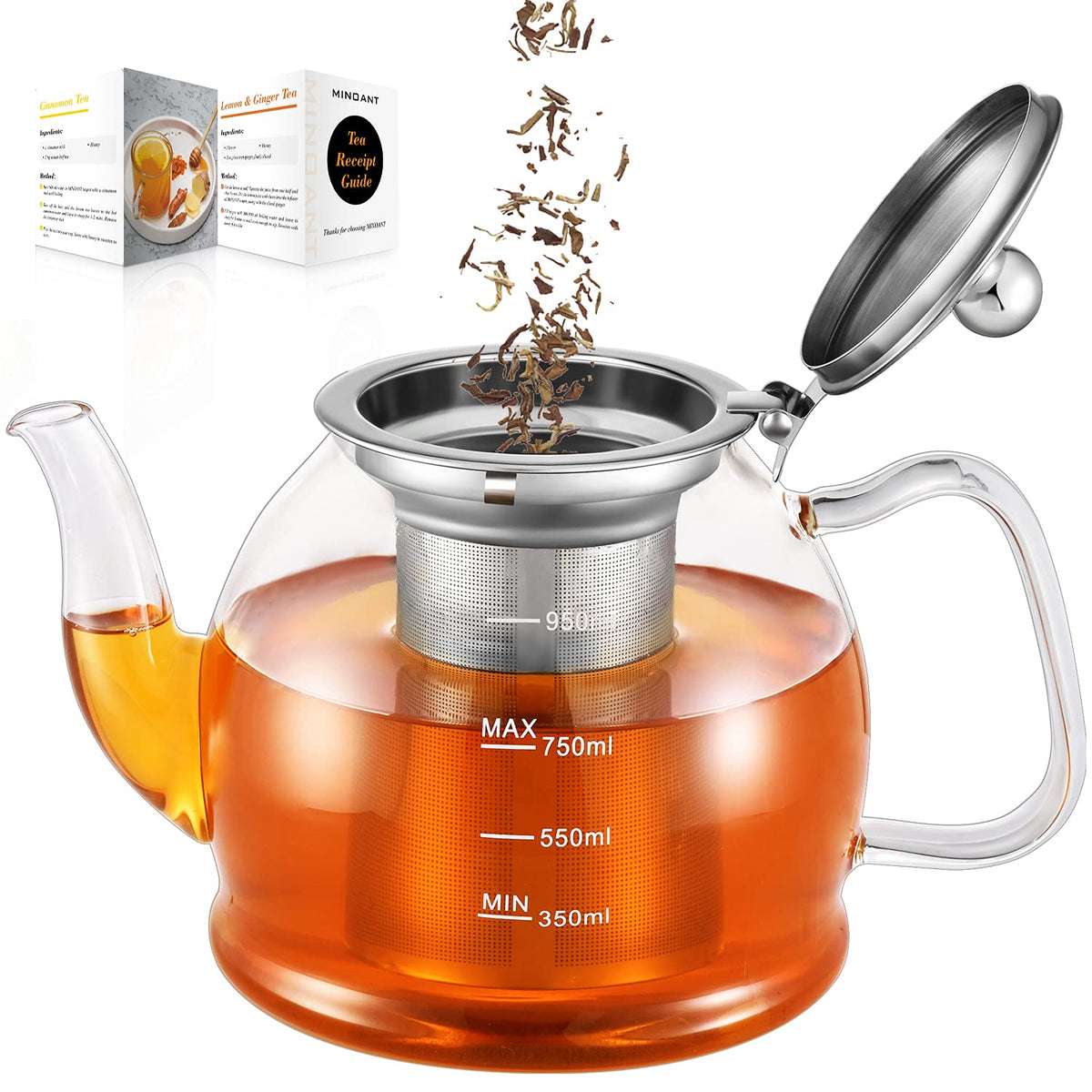 Glass teapot, 1000ML teapot with strainer insert, borosilicate glass tea service, glass teapot, glass teapot with strainer insert, teapot with strainer, tea egg for loose leaf teapot - dishwasher safe