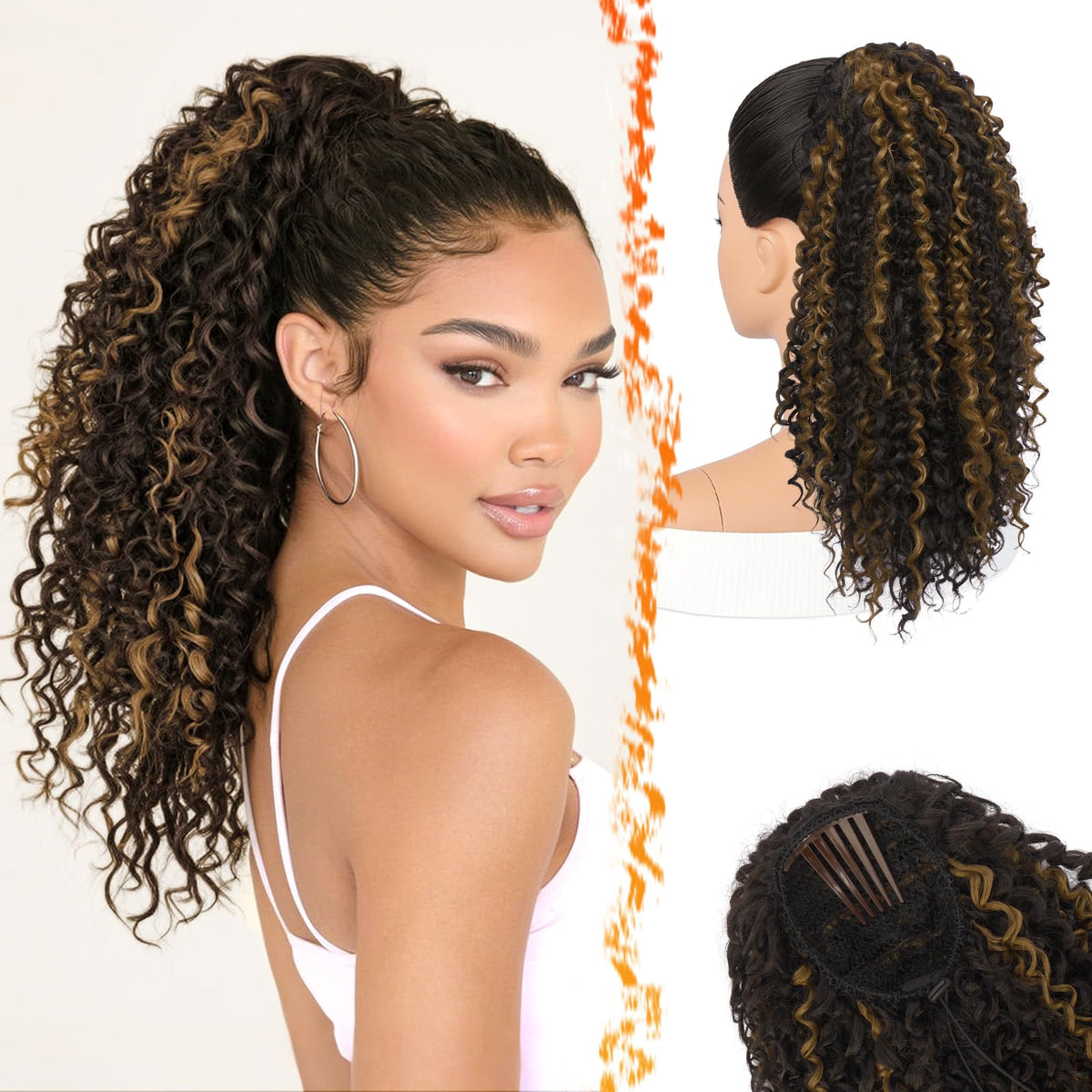 Curly Ponytail Extension 45cm Drawstring Comb Clip – Black Brown with Highlights
