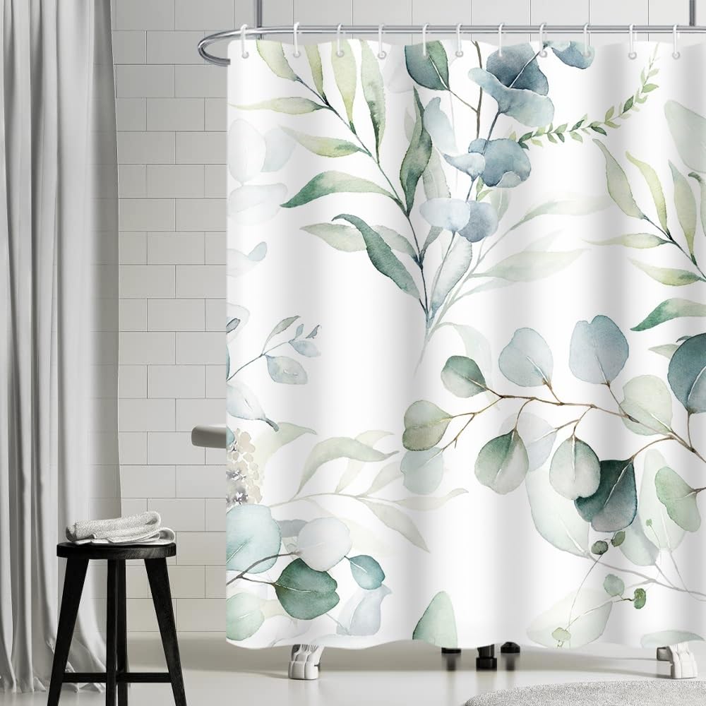 Eucalyptus Shower Curtain Waterproof Polyester 180x180cm Anti-Mould Washable – Blue/White