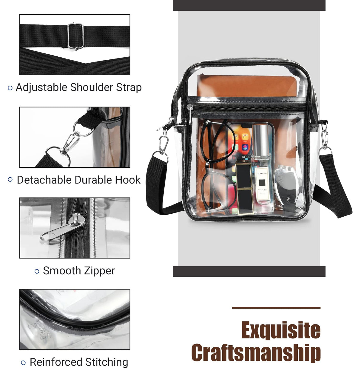 MoKo Transparent Crossbody Shoulder Bag Station Approved Tote with Detachable Strap – Black