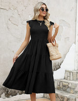 Yuson Girl Dress Women's Summer Dress Long Casual Round Neck Flutter Sleeve Maxi Dresses Summer Knee-Length Beach Dress Elastic Waist Long Dresses Tiered Ruffle A Line Dress (Black, XL)