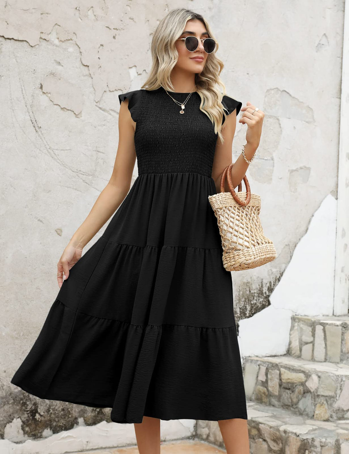 Yuson Girl Dress Women's Summer Dress Long Casual Round Neck Flutter Sleeve Maxi Dresses Summer Knee-Length Beach Dress Elastic Waist Long Dresses Tiered Ruffle A Line Dress (Black, XL)