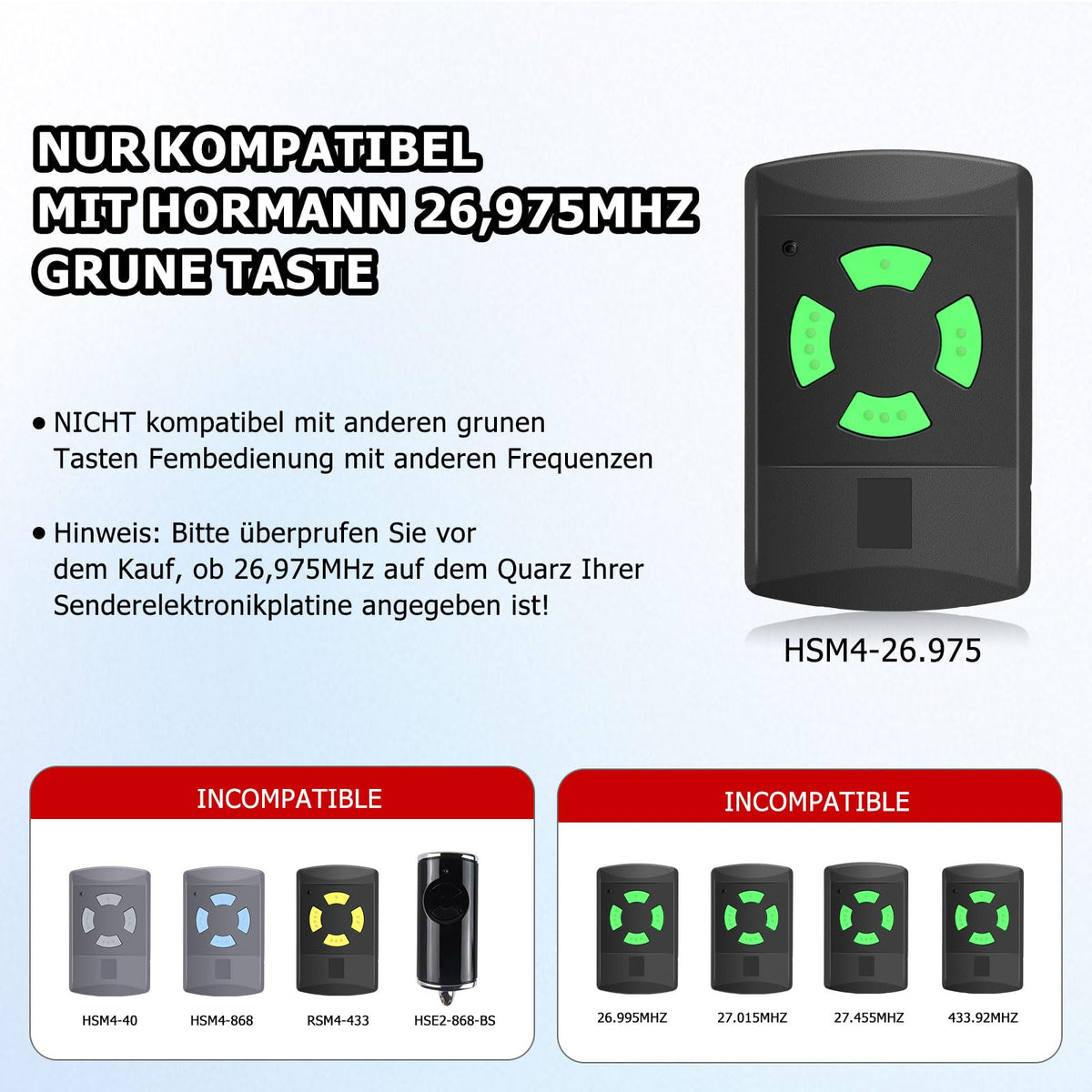Hörmann Hand Transmitter Replacement HSM4 437230 26.975MHz Self-Learning 4-Channel