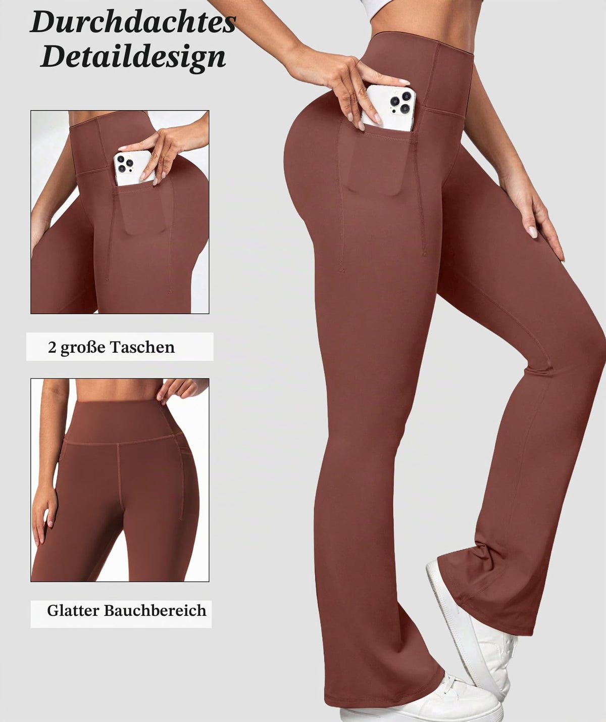 Pantaloni de yoga evazați damă cu talie înaltă modelatoare și buzunare
