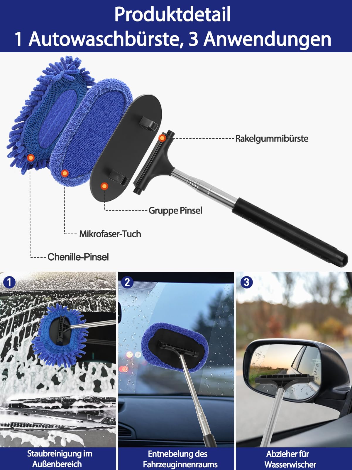 3-in-1 Car Window Cleaner Squeegee Brush Extendable Handle with Microfibre Pad – One Size