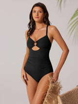 Wrap-Style V-Neck Tummy Control One-Piece Swimsuit with O-Ring Cutouts – Black XL