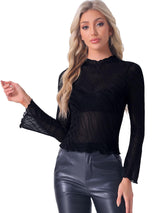 Women's Mesh Sheer Long-Sleeve Top Stand Collar - Black XL