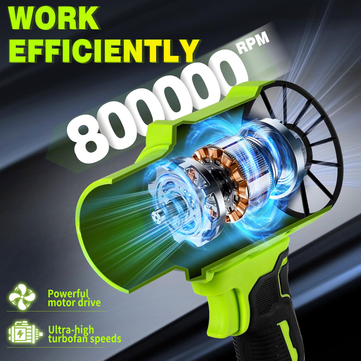 Cordless Leaf Blower Turbo 2x4.0Ah Batteries 65m/s 800000RPM Lightweight – Green