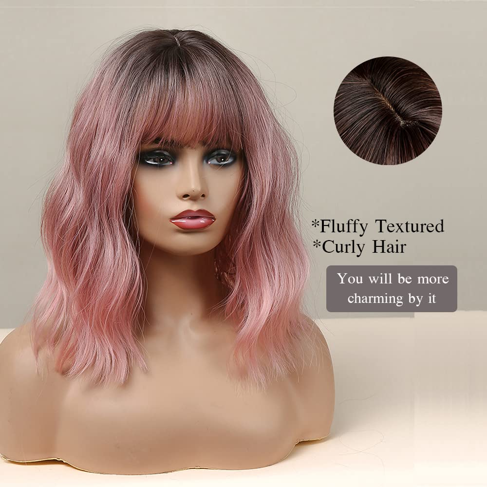Esmee 14-inch Short Pink Wig with Bangs Synthetic Hair for Women – Ombre
