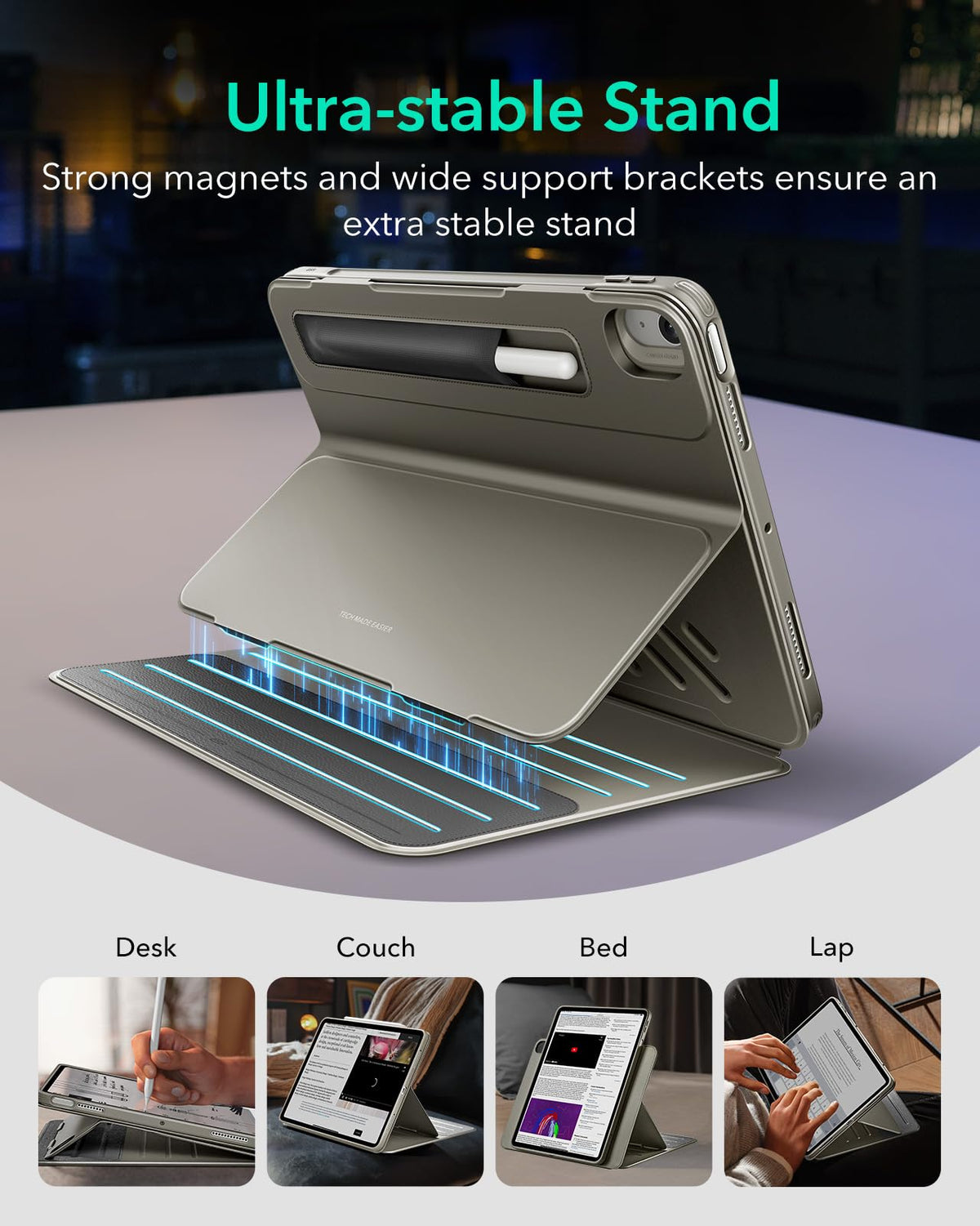 ESR Case for iPad Air 11 inch M2, iPad Air 6/5/4 (2024/2022/2020), Detachable Magnetic Cover, Portrait/Landscape Stand with Elevated Screen View, 9 Stand Angles, Shift Series, Titanium Metal
