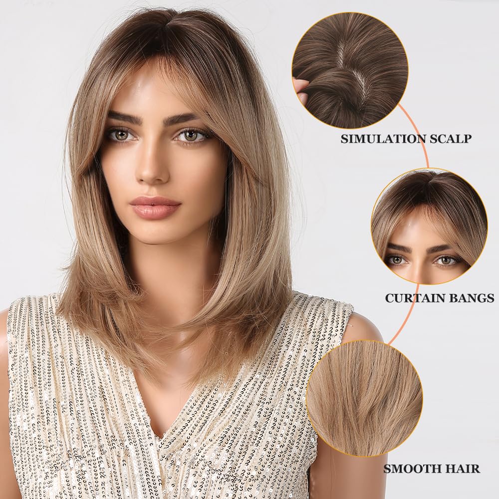 Short Straight Ombre Blonde Bob Wigs with Curtain Bangs – 24 Inch