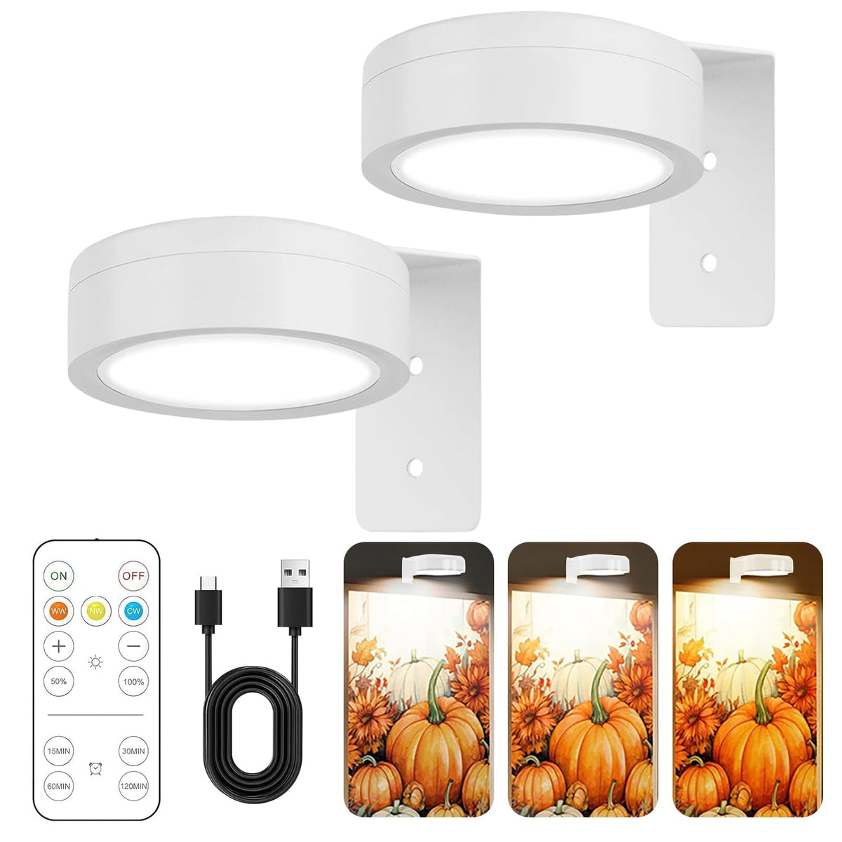 Lămpi spot LED magnetice reîncărcabile cu telecomandă și timer pentru tablouri, set 2 bucăți – Alb
