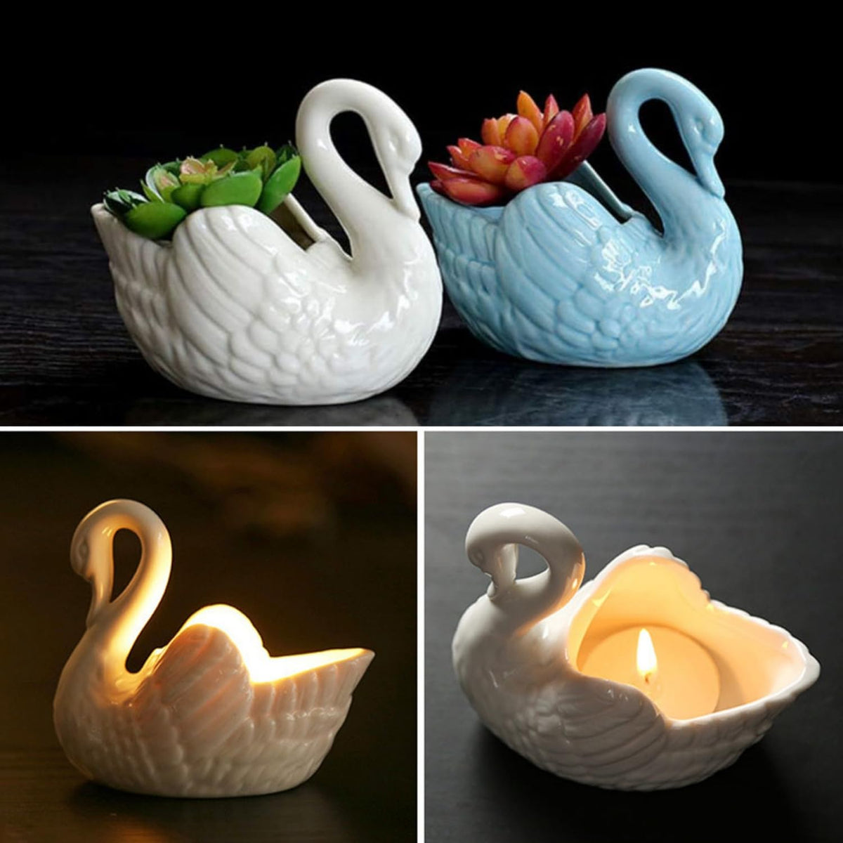 Ghiveci ceramic decorativ în formă de lebădă pentru plante suculente – Alb