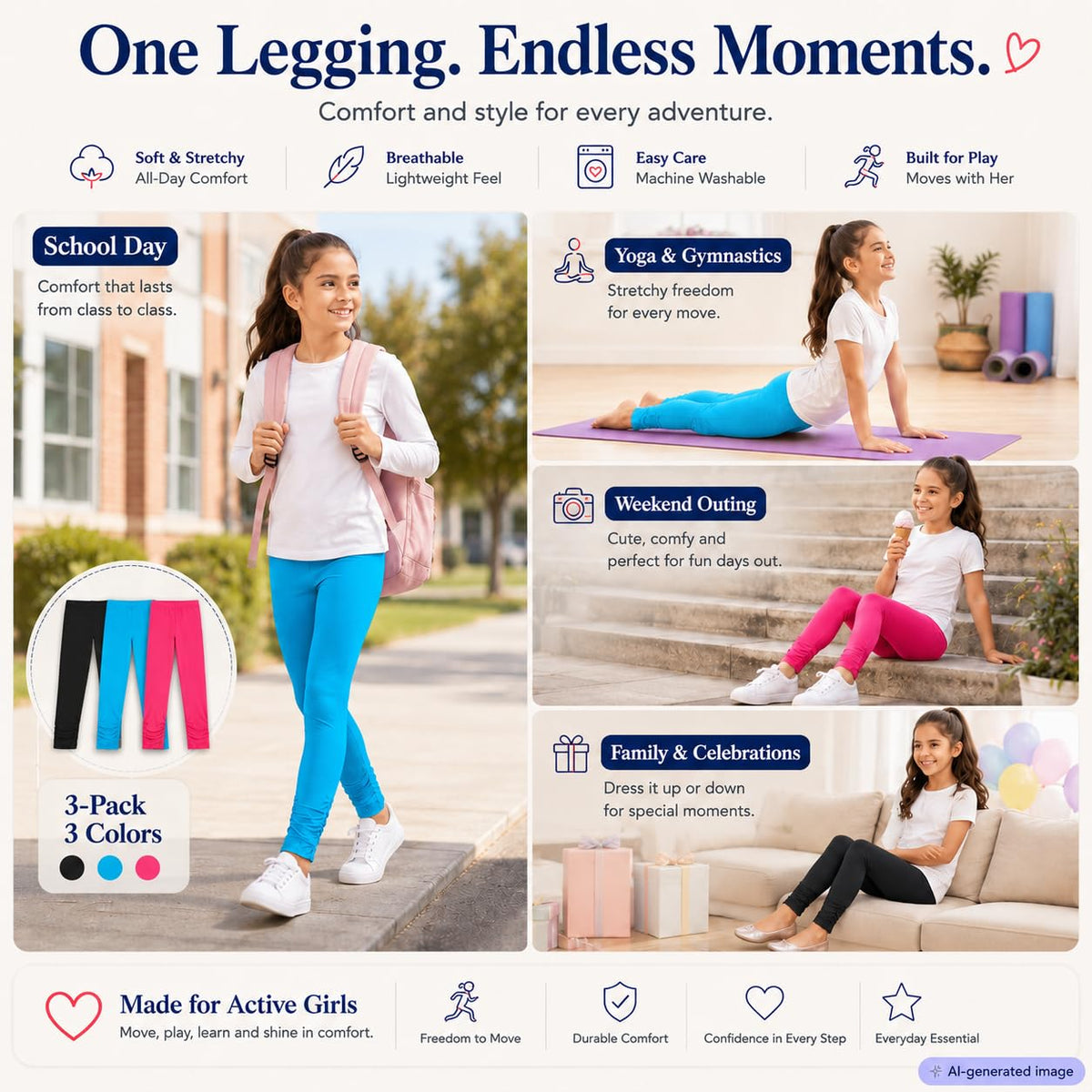 Girls' Knitted Stretch Leggings Cotton School Yoga Tights – Size 158 Black