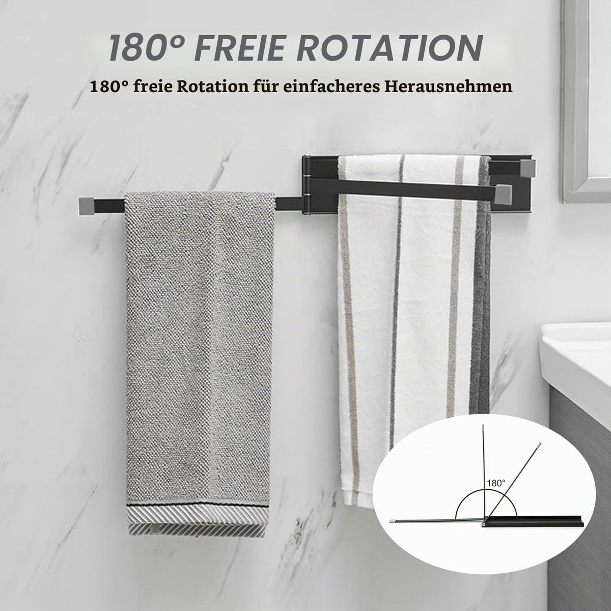 Wall-mounted 3-arm Guest Towel Rack No-drill Rotatable 180° – Grey
