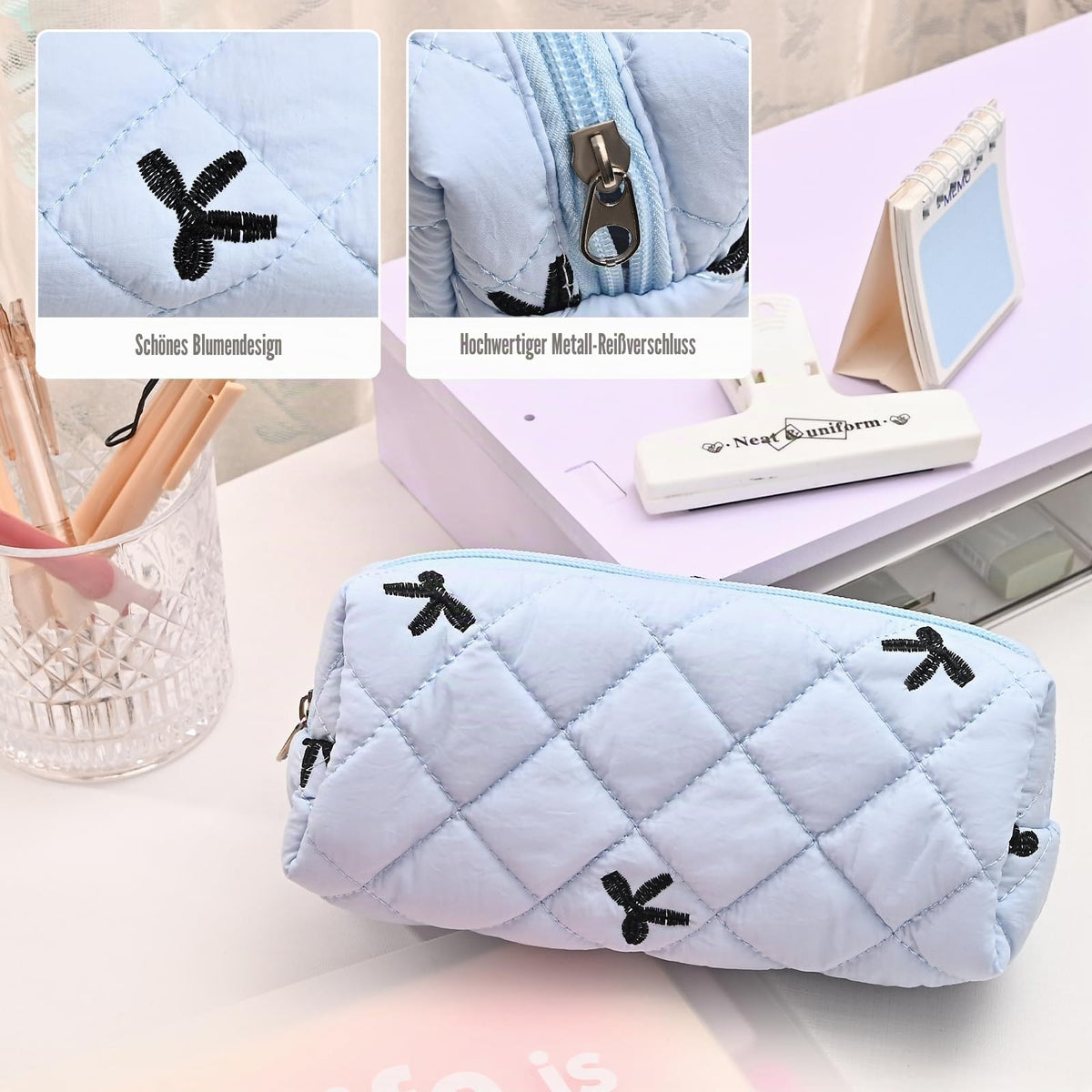 Floral Pencil Case Makeup Pouch Smooth Zipper Small Floral Design – Blue