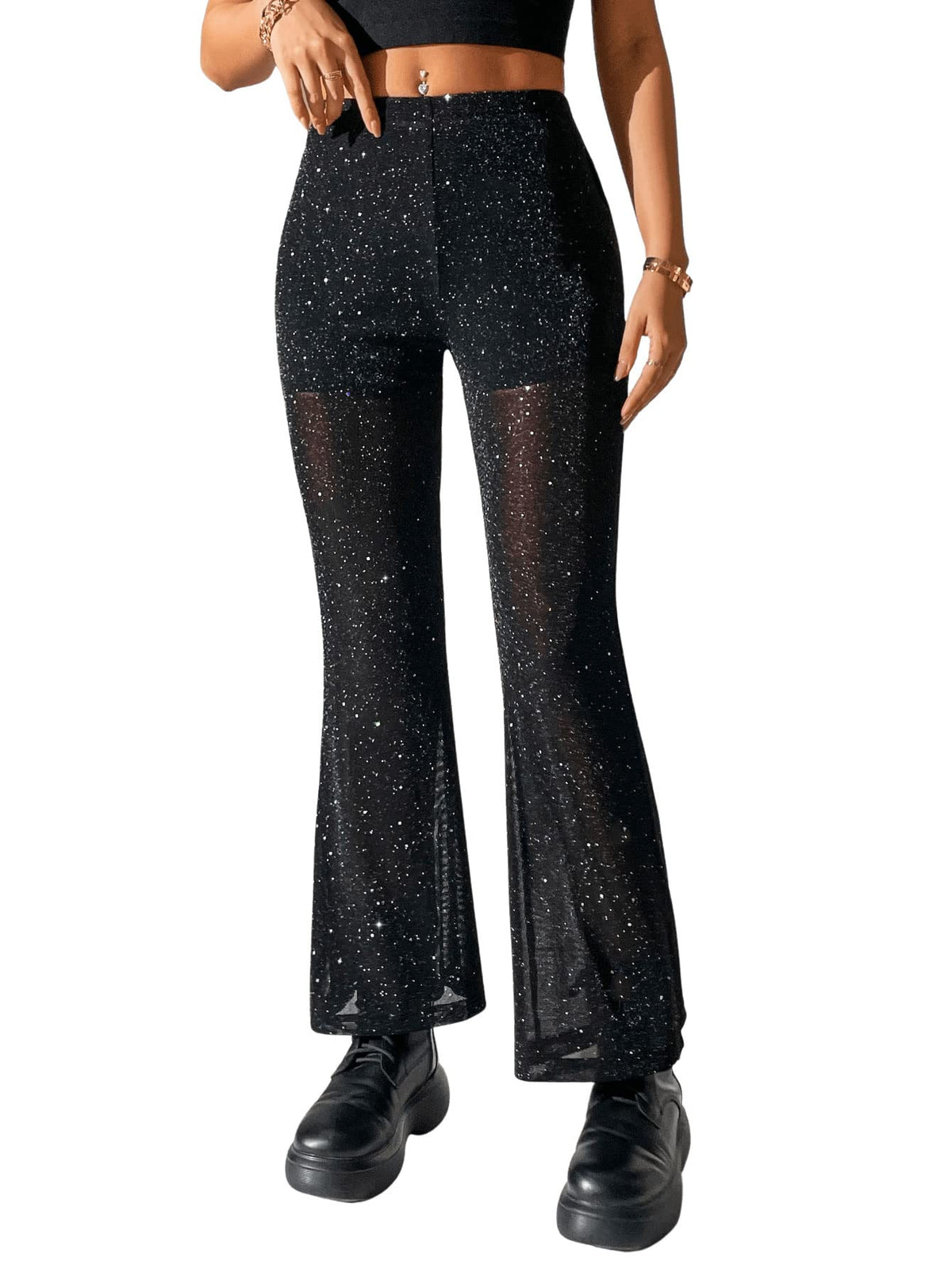 GORGLITTER Mesh Pants Women Transparent Flared Pants With High Waist Glitter Pants Long Party Pants Glitter Flared Pants Black S