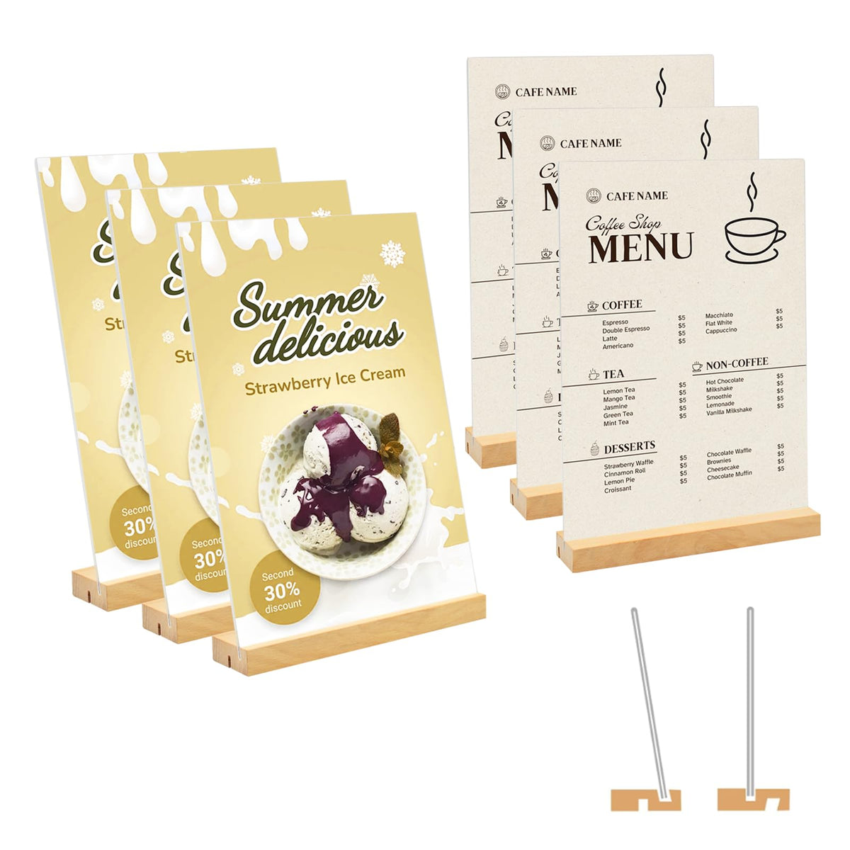 Suporturi meniu / afișaj acrilic A5 cu bază din lemn, set 6 bucăți – 15x21 cm