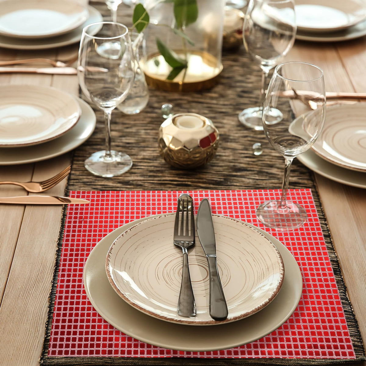 Shiny Mirror Placemats 6-piece Retro Square Glitter Table Mats - Red 11.8x17.7in