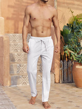 Pantaloni lejeri de vară din in pentru bărbați cu șnur – Alb 3XL