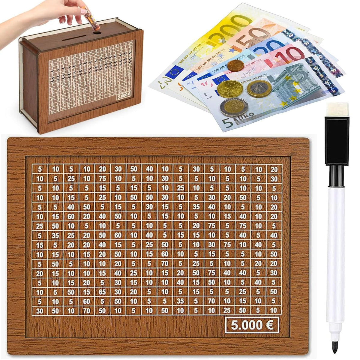 Wooden Money Box with Counter 5000 Euro Savings Goal – Retro