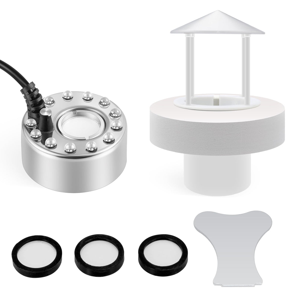 Mxmoonant 350ml/H Ultrasonic Mist Maker 12 LED Fogger Atomizer with Removable Splash Guard for Sink Fountain, Pond, Rock Garden (Metal)